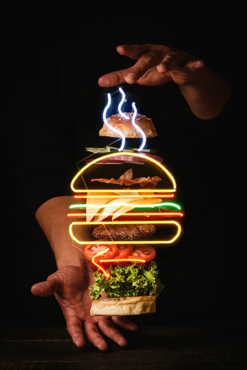 burger, patties, vegetables, buns, fast food, floating, hands, food, poster, advertising, neon, entrepreneurship, burger, burger, burger, burger, burger, fast food